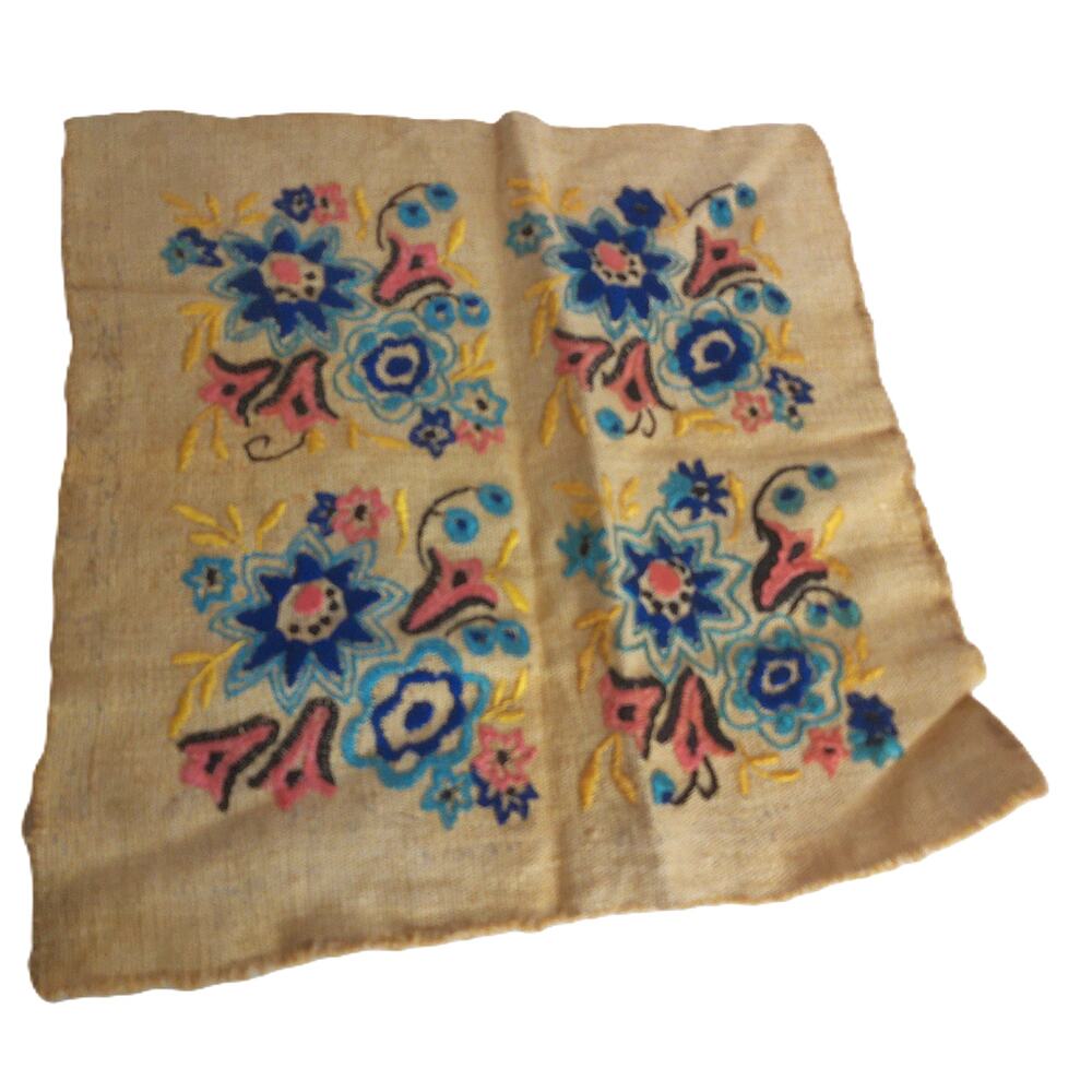 Vintage Embroidered Burlap Square 13x13 Floral Blue & Pink Rustic Textile Art